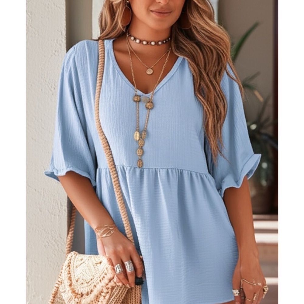Textured Ruffle Gathered Boutique Top Short Sleeve V Neck Blouse in Coastal Blue